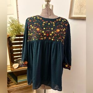 Tea N Rose Swiss Dot Women’s Navy Blouse Embroidery Large Flowy Lined 3/4 Sleeve